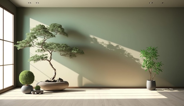 Een ruime kamer met een serene, saliegroene muur en een prominente Japanse bonsaiboom AI Generated
