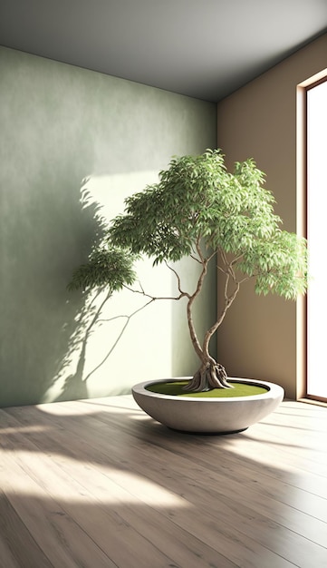 Een ruime kamer met een serene, saliegroene muur en een prominente Japanse bonsaiboom AI Generated
