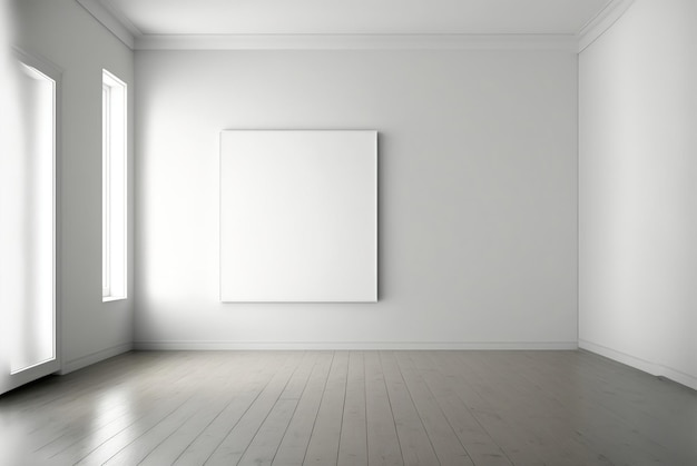 Een ruime lichte minimalistische kamer met een leeg frame voor een schilderij dat Ai heeft gegenereerd