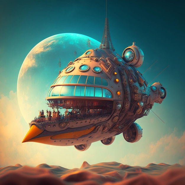 Een ruimteschip arriveert op een mystieke planeet in een futuristische en steampunk-stijl