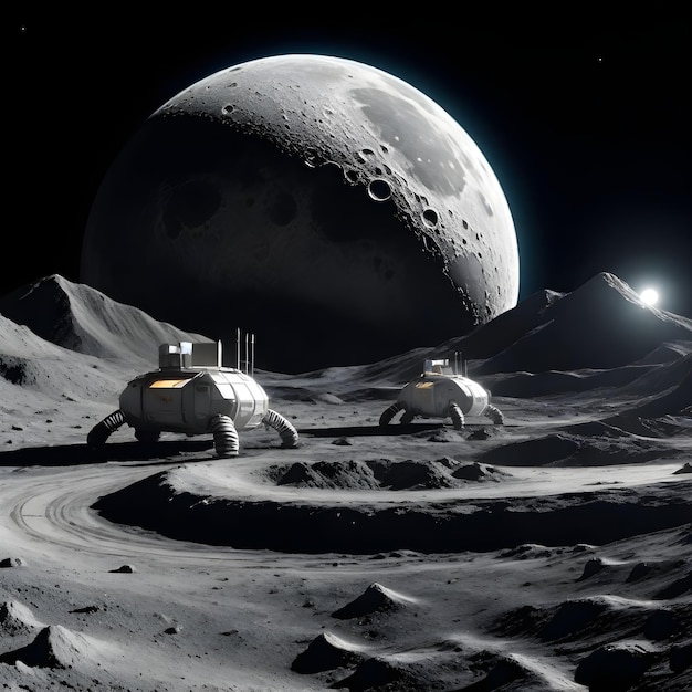 Foto een ruimteschip is op de maan met een planeet op de achtergrond.