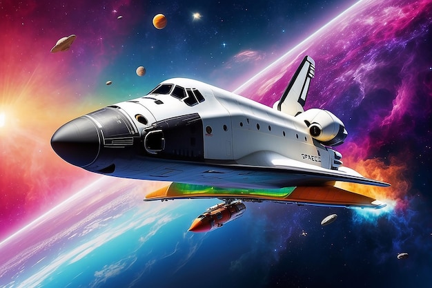 Een ruimteschip vliegt in een kleurrijk ruimteschip.