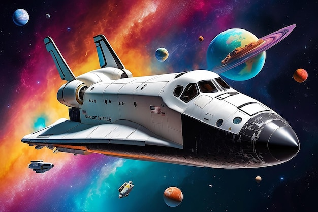 Een ruimteschip vliegt in een kleurrijk ruimteschip.