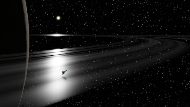 Een ruimteschip vliegt over de saturnus-ring met zon en sterveld op de achtergrond 3d-rendering