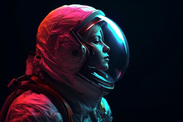 Een ruimtevrouw wordt getoond in een helm en licht in de stijl van een verzadigd kleurenpalet, zbrush realistische portretten Generatieve AI
