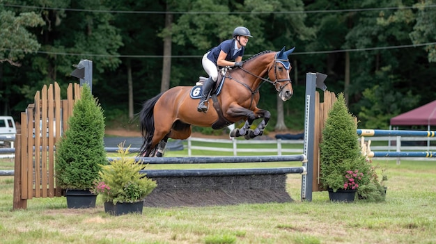 Een ruiter springt over een obstakel op een paard Springwedstrijden Horizontaal formaat