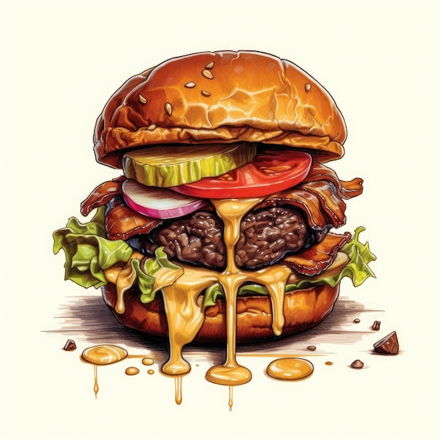 Een rundvleesburger met gekarameliseerde kaas die sappig is Illustratie Generatieve AI