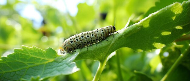 Foto een rups op een groen blad met witte stippen