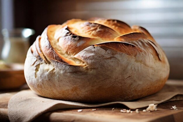 Een rustiek ambachtelijk brood dat nog warm is uit de oven met een knapperige korst en zacht