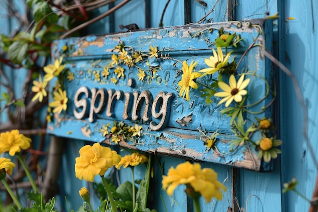 Een rustiek blauw houten bord met de tekst lente versierd met verse gele bloemen tegen een blauwe achtergrond