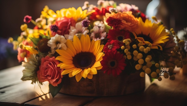 Een rustiek boeket van veelkleurige bloemen in een houten vaas gegenereerd door AI