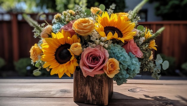 Een rustiek boeket zonnebloemen en madeliefjes, een perfect geschenk gegenereerd door AI