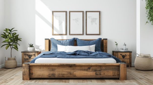 Een rustiek houten bed met blauwe kussens en twee nachtkastjes tegen