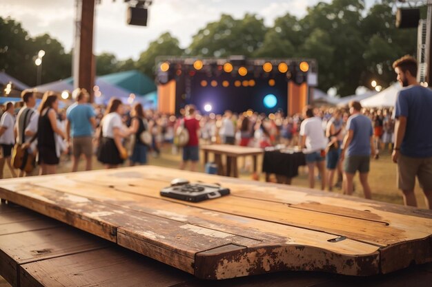 Foto een rustiek houten bord op een muziekfestival met live bands die optreden