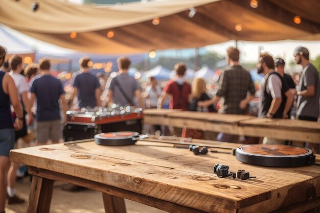 Een rustiek houten bord op een muziekfestival met live bands