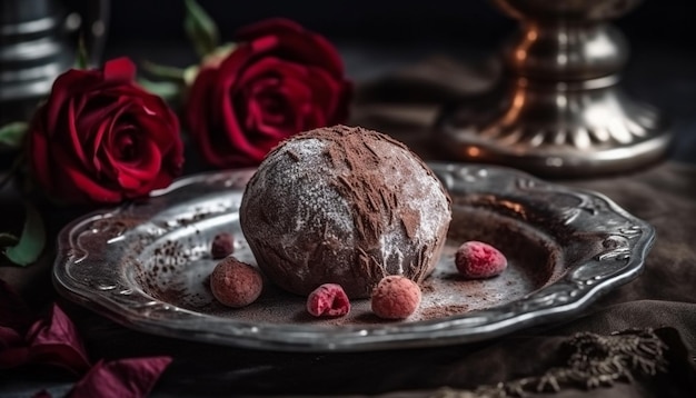 Een rustiek huisgemaakt dessertbord met verwennerij van pure chocolade en frambozen, gegenereerd door AI