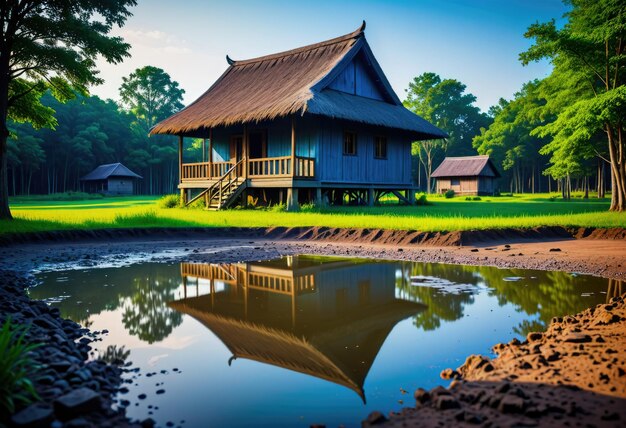 Een rustiek huisje omringd door water en moddervijvers in het rustige landschap van een Aziatische