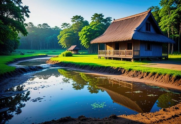 Een rustiek huisje omringd door water en moddervijvers in het rustige landschap van een Aziatische