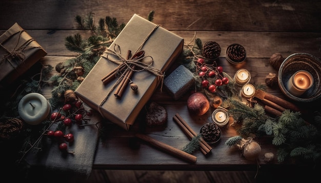 Een rustiek winterfeest met zelfgemaakt chocoladegeschenk verpakt in papier gegenereerd door AI