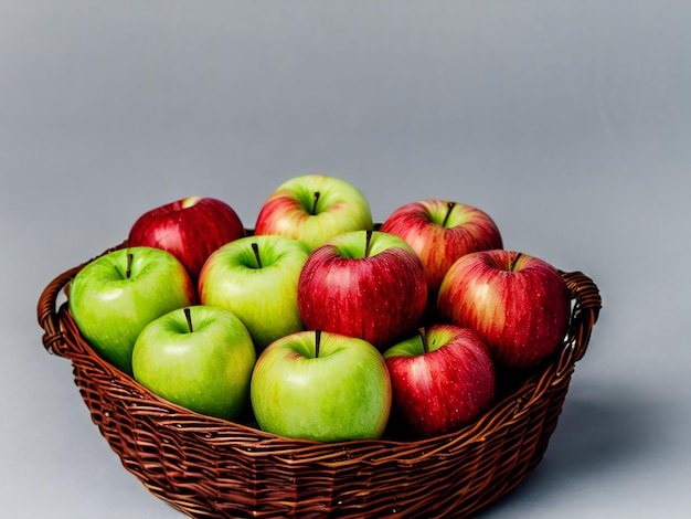 Een rustieke appelmand boordevol verse, sappige appels in verschillende kleuren en maten