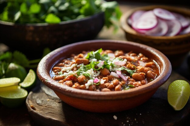 Een rustieke buitenomgeving met een kom Pozole