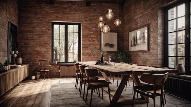 Een rustieke eetkamer met een houten tafel en zichtbare bakstenen muren die AI heeft gegenereerd