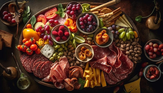 Foto een rustieke gastronomische maaltijd met vers vlees, fruit en brood gegenereerd door ai