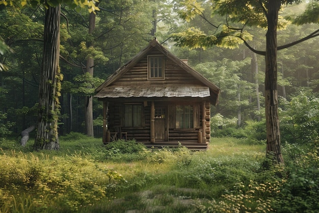 Een rustieke houten hut in het bos.