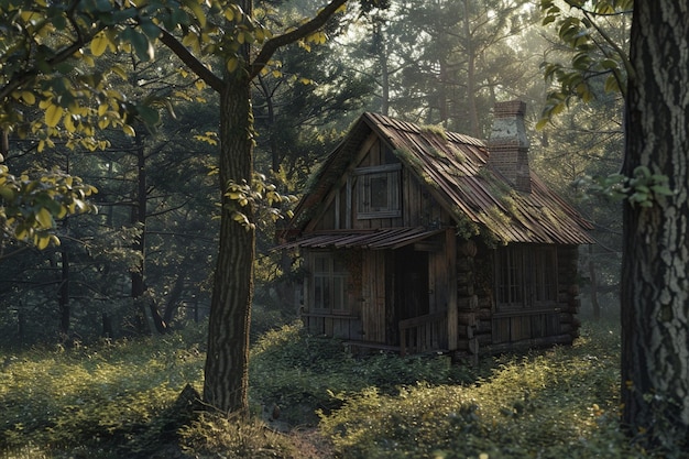 Een rustieke houten hut in het bos.