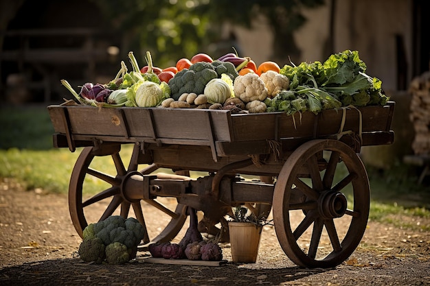 Foto een rustieke houten kar gevuld met vers geoogste groenten