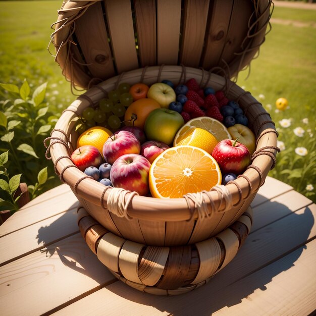 een rustieke houten mand vol met een overvloed aan vers, levendig seizoensfruit