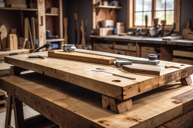 Een rustieke houten plank in een houtwerkplaats, ideaal voor gereedschappen en ambachtelijke producten