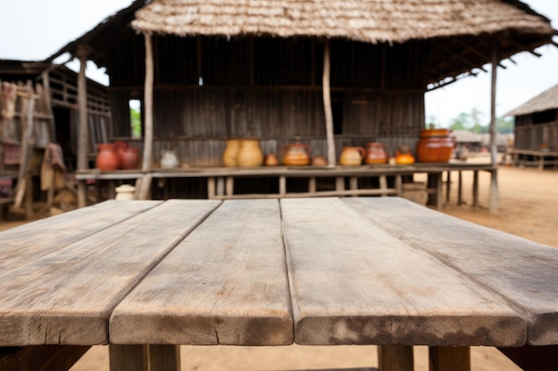 Foto een rustieke houten plank tafel met wazige jungle achtergrond in beeld aig30 generatieve ai