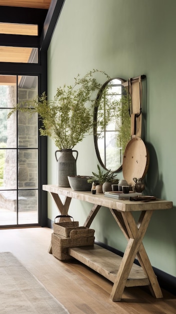 Foto een rustieke houten plant staan met een spiegel en planter op de muur