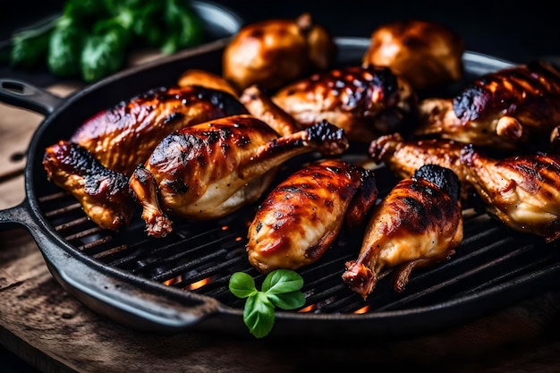 Foto een rustieke houten schotel vol met barbecue kippenvleugels met een pittige witte saus uit alabama.