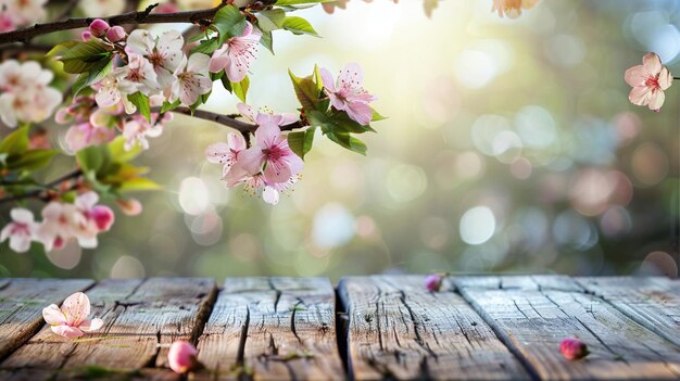 Een rustieke houten tafel met een prachtige overlay van voorjaarsbloesems