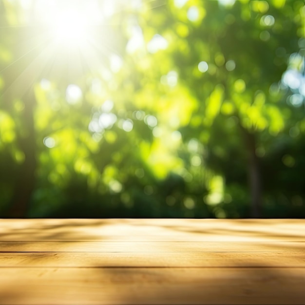 Een rustieke houten tafel toont producten met een jungle-achtergrond Generatieve AI