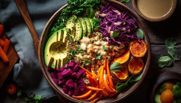 Een rustieke kom verse vegetarische salade met biologische ingrediënten gegenereerd door AI