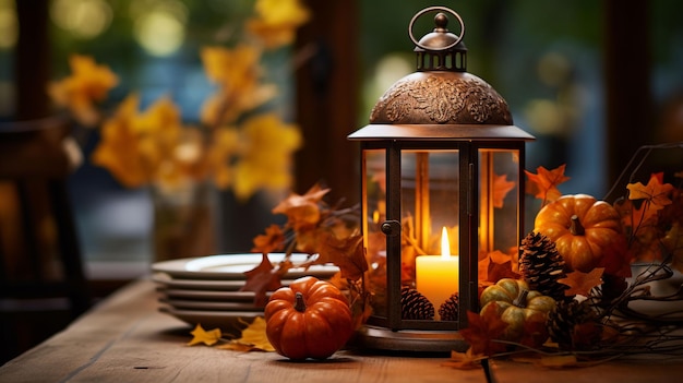 Een rustieke lantaarn verlicht de herfsttafel.