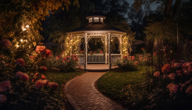 Een rustieke lantaarn verlicht een ouderwetse tuin met veelkleurig gebladerte gegenereerd door kunstmatige intelligentie