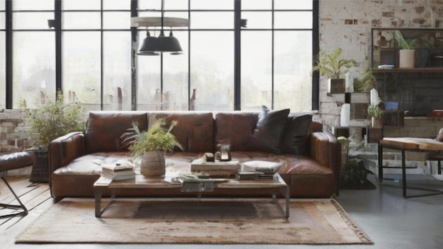 Een rustieke minimalistische woonkamer met een vleugje industriële charme. Stel je een beschadigd leer voor.