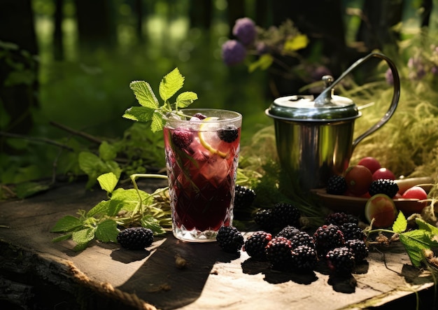 Een rustieke picknickscène in de open lucht met een Bramble-cocktail die een heerlijke mix van natuur biedt