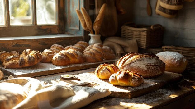 Een rustieke tentoonstelling van verschillende vers gebakken ambachtelijke brood in een bakkerij