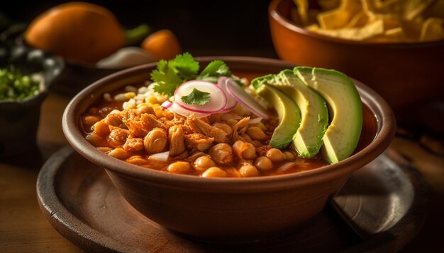 Een rustieke vegetarische maaltijd frisse salade guacamole dip en zelfgebakken brood gegenereerd door AI