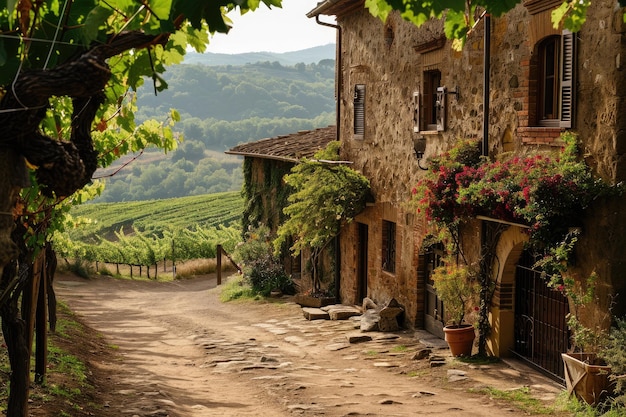 Foto een rustieke wijnmakerij in de glooiende wijngaarden van toscane