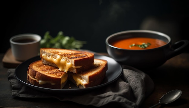 Een rustieke zelfgemaakte maaltijd gegrild vlees groentesoep en geroosterd brood gegenereerd door AI