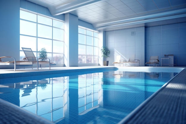Een rustig binnenzwembad omringd door azuurblauwe muren die een gevoel van rust en kalmte oproepen het perfecte toevluchtsoord voor ontspanning en verjonging