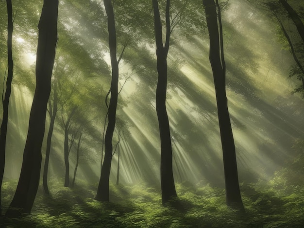 Foto een rustig bos met zonnestralen die filteren