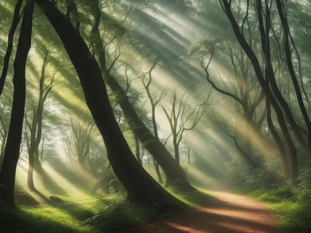 Foto een rustig bos met zonnestralen die filteren