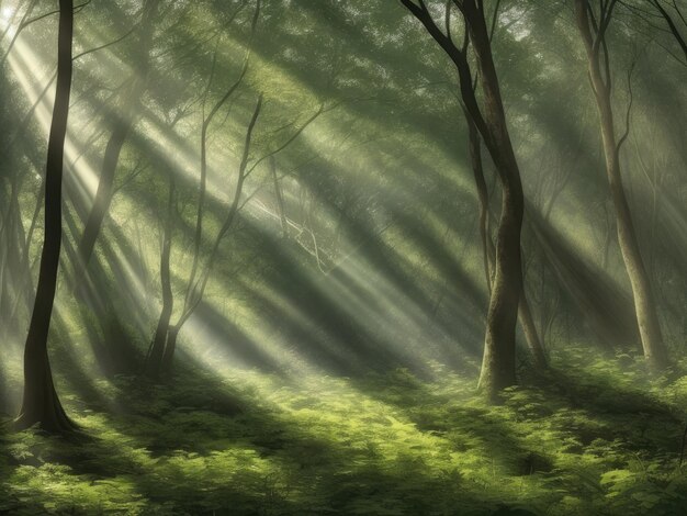 Foto een rustig bos met zonnestralen die filteren